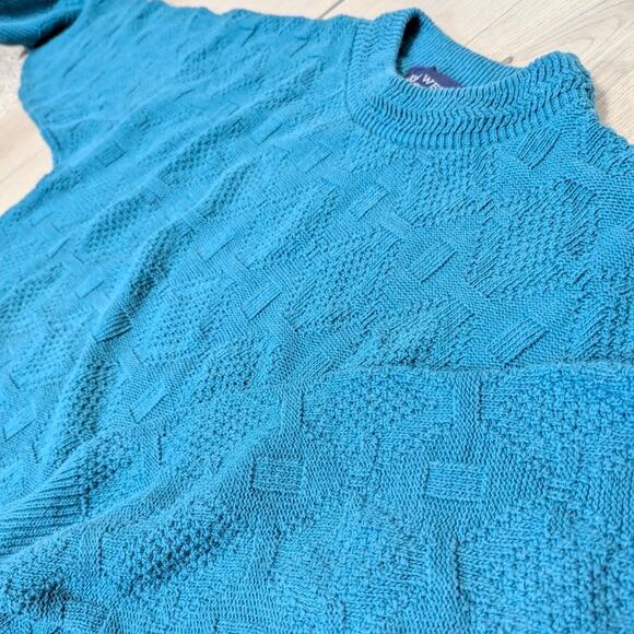 VTG John Weitz 100% cotton teal size L knit geometric sweater funky colorful - Picture 3 of 5